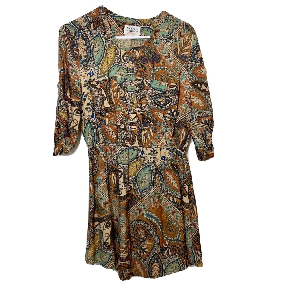 Anthro Holding Horses 3/4 Sleeve Mini Dress Size 6 Pleated Pocket Cottagecore